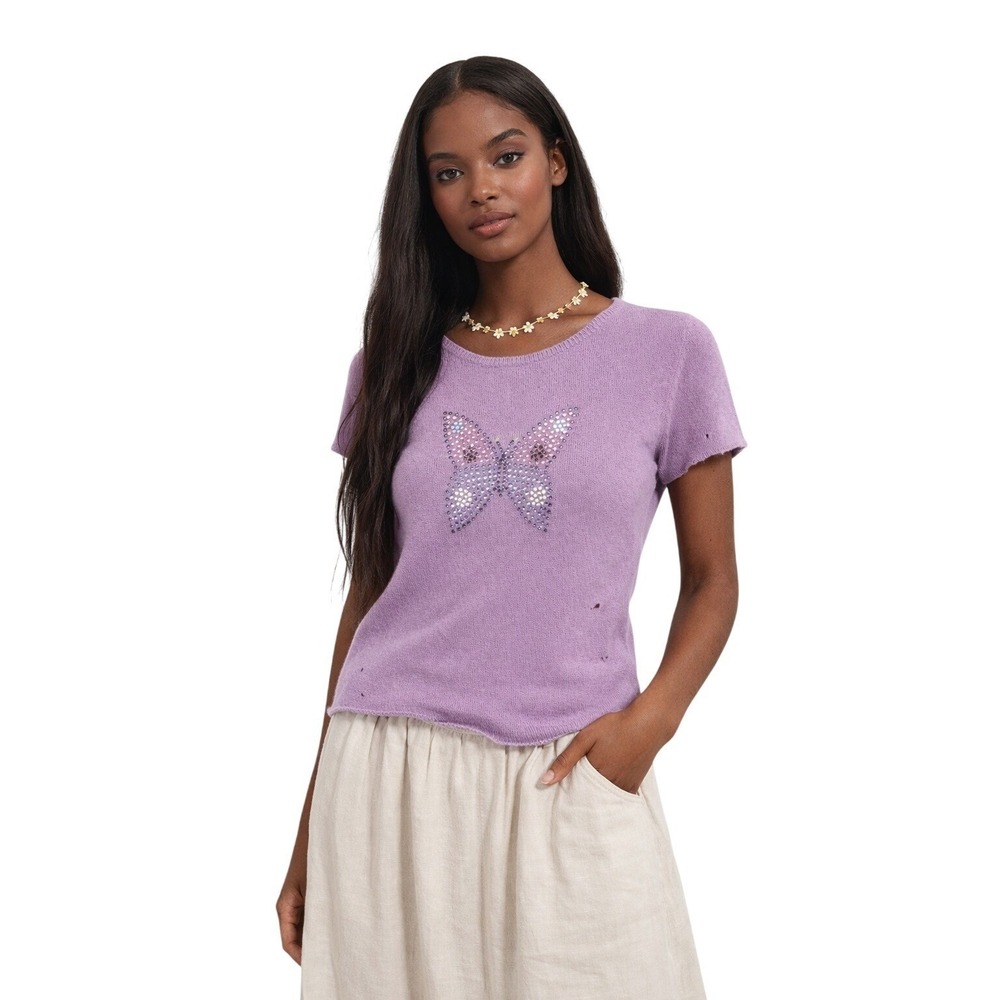 Cashmere Butterfly Rhinestone Y2K Knit Top Lilac Coquette